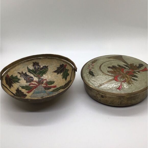 Brass Painted Basket and Lidded Box with Holiday Design - Picture 2 of 8